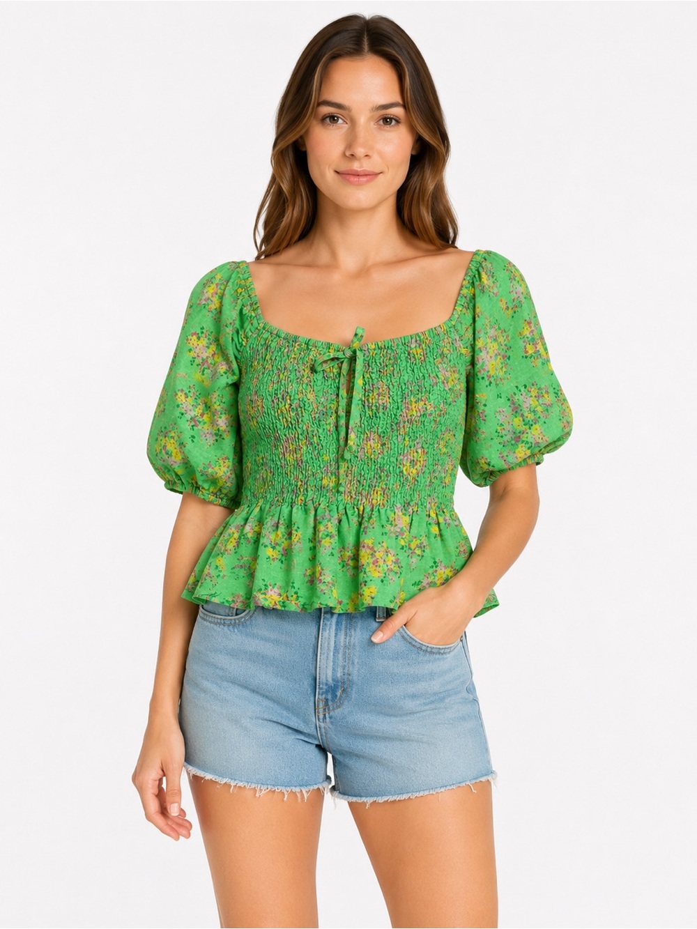 Urban Outfitters Shirt Medium Smocked Floral Green Crop Puff Sleeve Stretch Boho